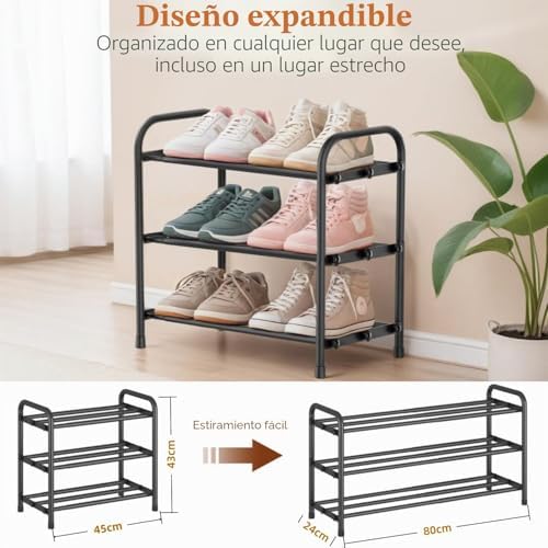 Zapatero Extensible de 3 Niveles, Zapateros de Metalico, Shoe Rack para 6-12 Pares de Zapatos, sapateira pequeño para Exterior, Armarios, Interior, Rango de Ajustable(45-80) cm ancho