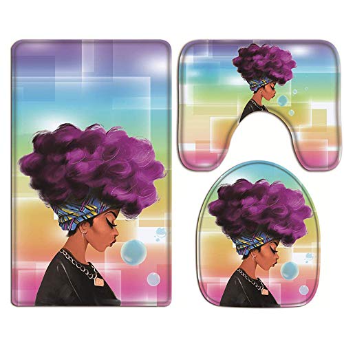 EVERMARKET Soft Comfort Flannel Bathroom Mats,Anti-Skid Absorbent Toilet Seat Cover Bath Mat Lid Cover,3pcs/Set Rugs (African American Woman Purple Hair)