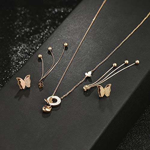 EVEVIC Stainless Steel Butterfly Necklace Earrings Set for Women Girls 14K Gold Plated Jewelry Sets (Style-B Rose-Goldtone) - Thumbnail 3