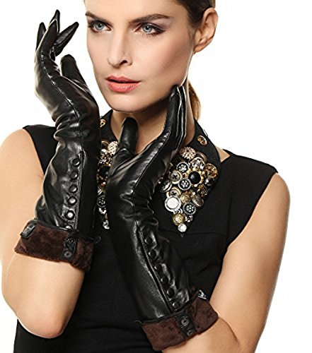 2015 New Ladies Elbow Long Plush Lined Nappa Leather Buttons Winter Gloves