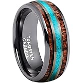 TUTISS 8mm Silver Black and Gunmetal Tungsten Rings for Men Women Wedding Bands Crushed Turquoise Koa Wood Inlay Domed Polished Comfort Fit