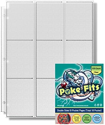 JAPAN QUALITY- Poke Fits Non Slip Trading Card Protectors Clear (100 Count) Double Sided 9 Pockets Page (Total 18 Pockets for a sheet) For Collecting Card Binder