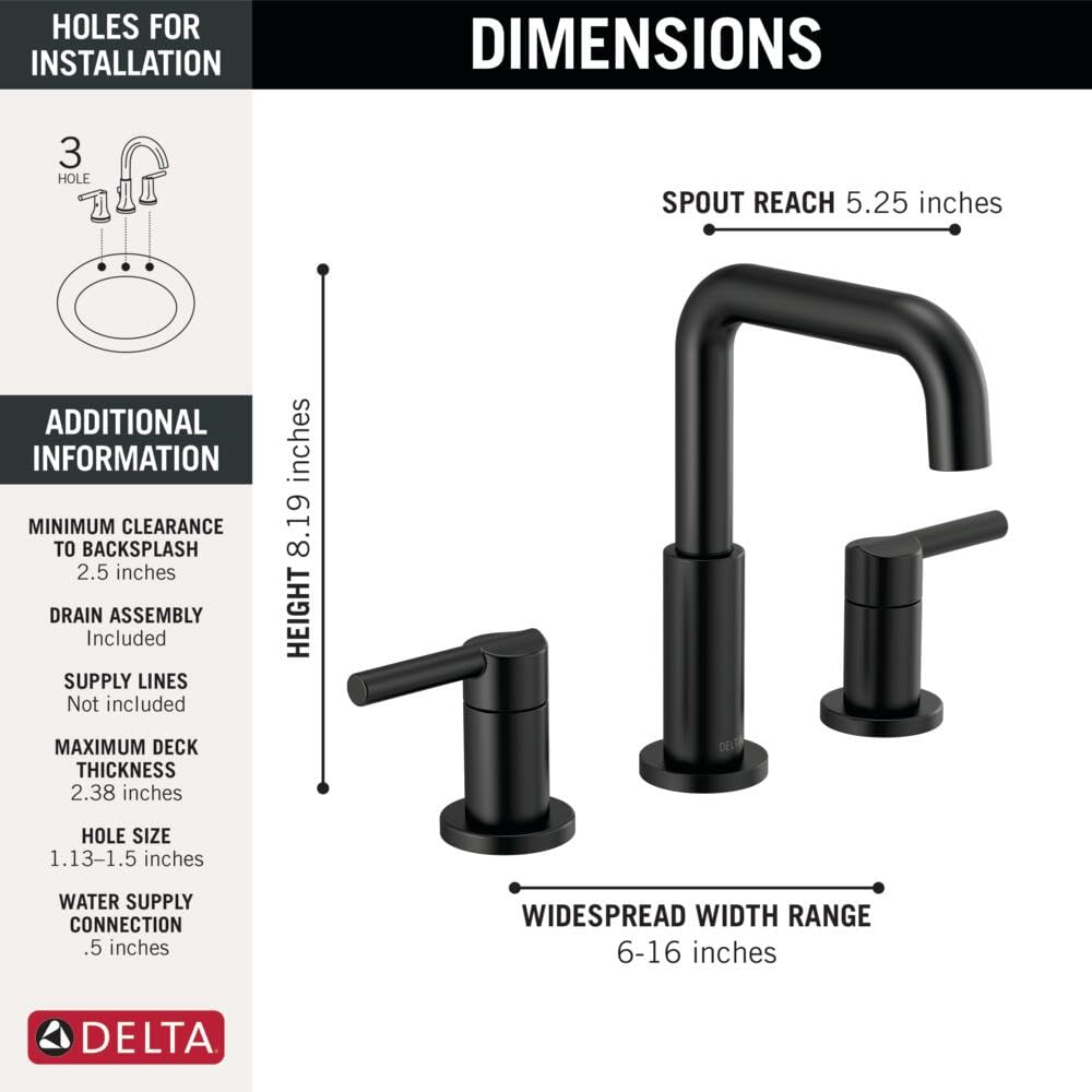 Delta Nicoli Matte Black Bathroom Faucet 3 Hole, 8 Inch Widespread Bathroom Sink Faucet for Vanity, Push-Pop Drain Assembly, Matte Black 35849LF-BL