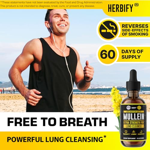 HERBIFY Mullein Drops - Lung Cleanse - Leaf Extract - Powerful Mullein for Immune Support,Detox & Respiratory Support - Made in USA - Lung Cleanse for Smokers - 4 Oz