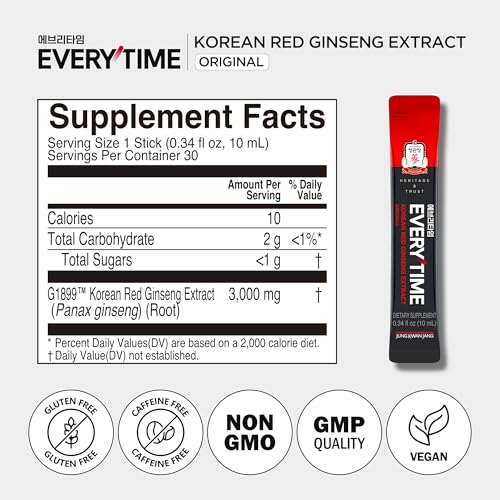 JUNG KWAN JANG Everytime Korean Red Ginseng Extract Stick 3,000mg Original - Adaptogen Energy Drink Liquid Stick Supplements - Energy Boost & Immune Support, Caffeine Free (30 Sticks)
