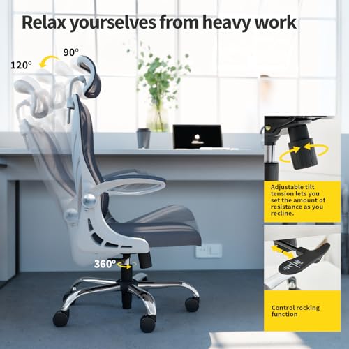HOLLUDLE Office Chair with Folding Backrest, Ergonomic Computer Chair with 2D Headrest, Folding Armrests and Mesh Lumbar Support Office Seat, White