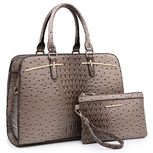 Dasein Women Satchel Handbag Shoulder Purse Top Handle Work Bag Tote Bag With Matching Wallet (Khaki Ostrich)