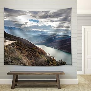 Mountain Panorama with a Lake - Fabric Wall Tapestry Home Decor - 51x60 inches
