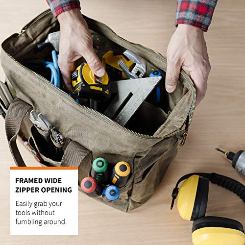 PD Canvas Tool Bag 14Inch, Khaki, 22 Pockets, Heavy Duty Tradesman Bag