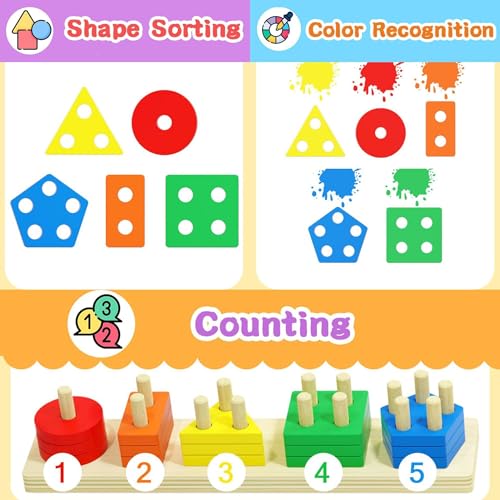 Montessori Baby Toy for 1+ Year Old Sorting Stacking Learning Toys 6-12 Months Wooden Building Blocks, Xylophone Musical, Infant Teethers Toys, 6 in 1 Toy Birthday Gifts for Toddlers 1 2 3 (multi)