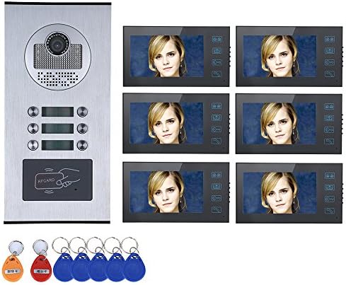 MAOTEWANG Touch Button 7" 6 Apartment/Family Video Door Phone Intercom System RFID IR-CUT HD 1000TVL Camera Doorbell Camera with 6 button 6 Monitor Waterproof