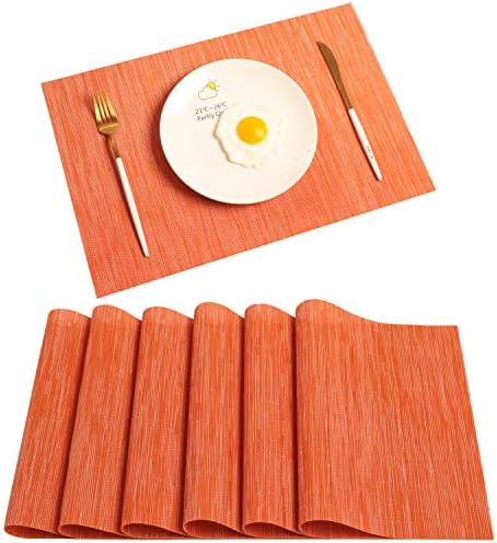 Ivalue Washable Placemats for Kitchen Table Orange Woven Vinyl Table Placemats Set of 6 Wipeable Table Mats