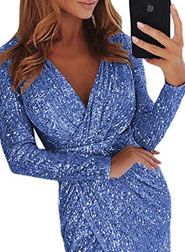 Elapsy Womens Ladies Sexy Elegent V Neck Long Sleeve Sequins Wrapped Ruched Irregular Party Cocktail Club Dress Outfit Blue
