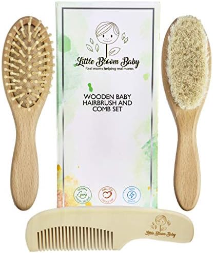 Natural Wooden Baby Hair Brush and Comb Set for Newborns and Toddlers by LittleBloomBaby - Goat hair for Cradle Cap & Wooden Massage Bristles for Toddler - Unique Gift Kit Idea for Shower Registry