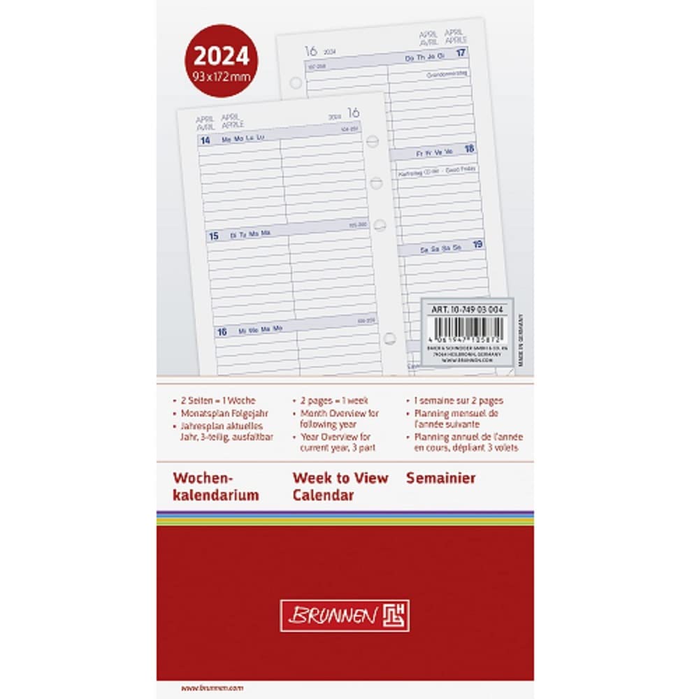 BRUNNEN Filius 2024 weekly calendar, 2 pages = 1 week, sheet size 9.3 x 17.2 cm, white
