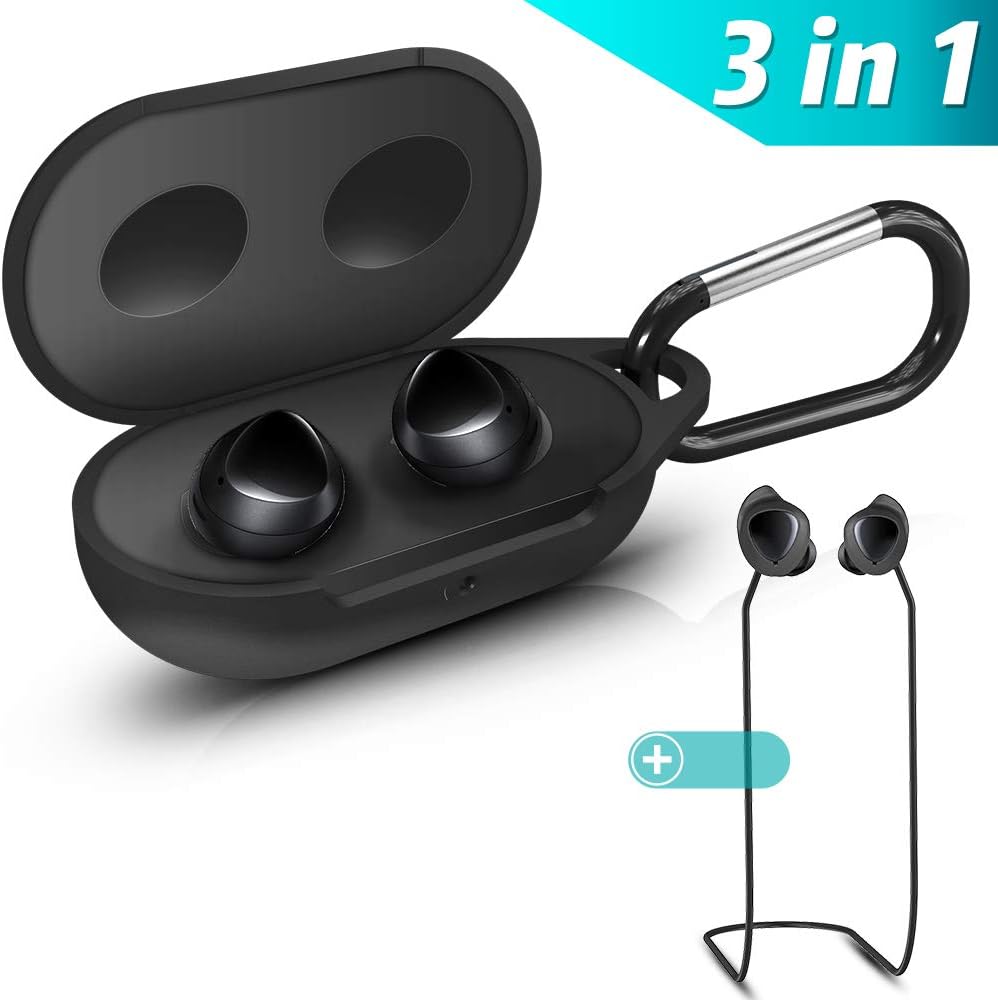 KHTONE Replacement for Galaxy Buds Case Cover, 3 in 1 Silicone Accessories Set, if Applicable Galaxy Buds Charging Case,Silicone Case/Keychain/Anti-Lost lanyards（Black）