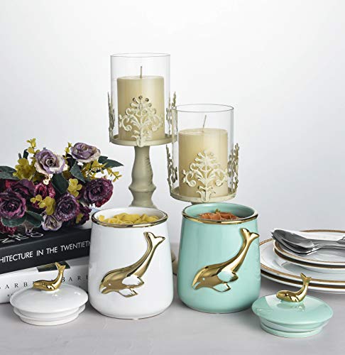 MASMOY Ceramic Storage Jar Skipping Dolphin Canister with Airtight Ceramic Lid, 27.05 FL OZ (800ML) Light BLue Container for Home Serving for Whole Bean Coffee, Pasta, Sugar and More