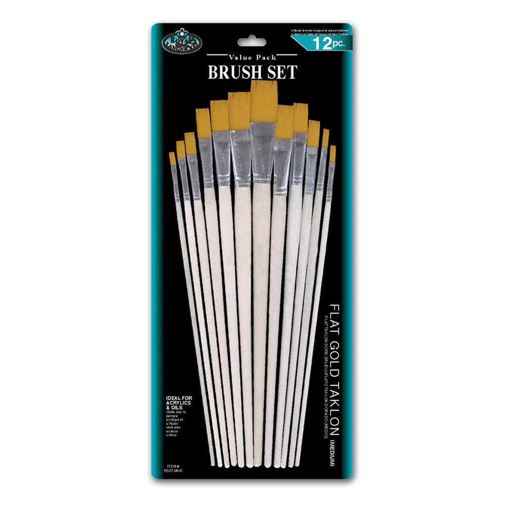 Royal and Langnickel Long Handle Flat Taklon Variety Brush Set - Gold (Pack of 12)