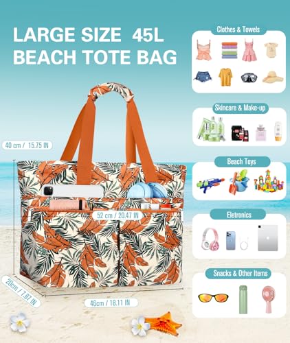 ENONEO Beach Bag for Women Large Beach Bag Family 45L Waterproof Bags Swimming Pool XXL Shopper Tote Bag with Zipper Foldable Beach Bags for Shopping Travel Picnic