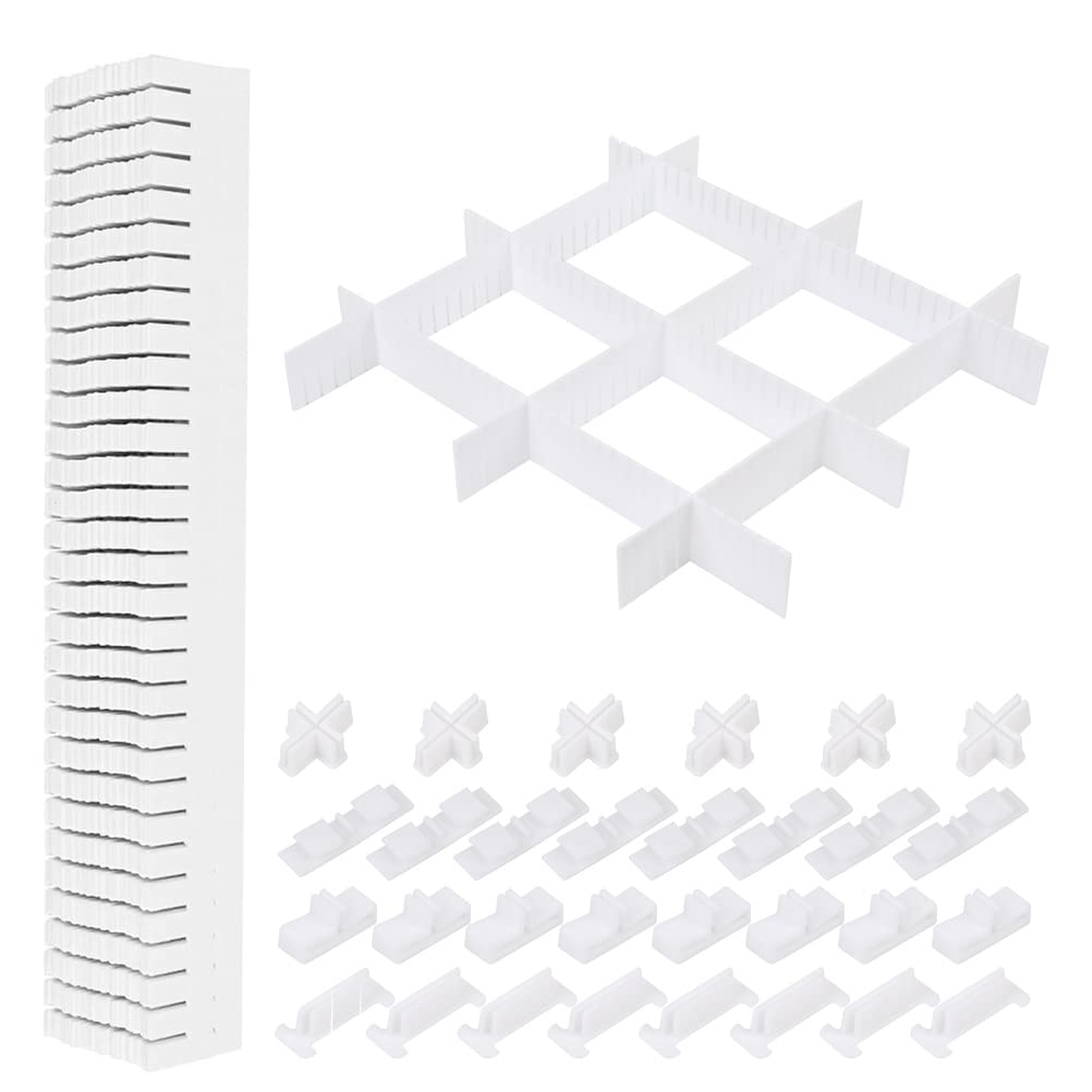 BUYGOO Adjustable Drawer Storage Organizer 40PCS Plastic Dividers Divider Grid DIY Flexible 40.5x5cm Partition for Home Kitchen Office, White
