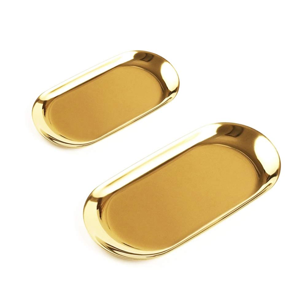 Set of 2pcs Gold Oval Tray Stainless Steel Cosmetics Jewelry Towel Fruit Dish Plate Different Sizes