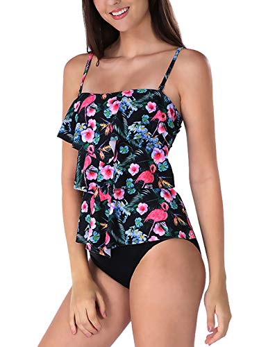 Ladies Tankini Swimsuits Tummy Control High Neck Floral Bikini Set XL Red