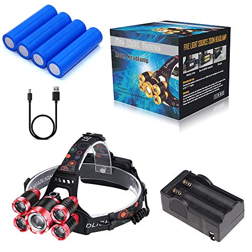 Zingiber 5 LED Rechargeable Headlamp, 18000 Lumen Headlight, 100