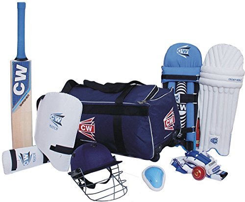 C&W CW Lefty Academy Cricket Kit Kashmir Willow with Helmet & Wheelie Bag Blue 9Pcs Full Set Complete Accessories Sizes (3;4;5;6;Full) for 5 to 13 & Above Yrs (5 for 9-10 yr)