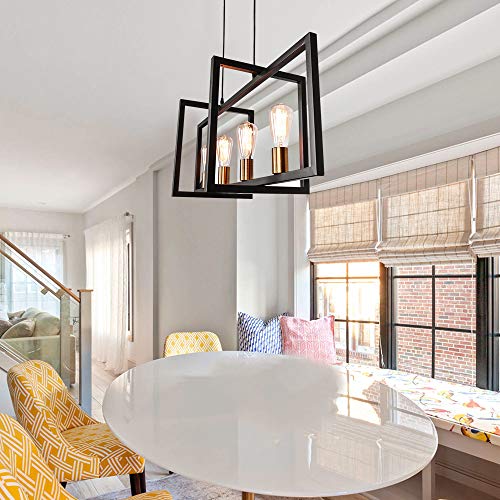 Lingkai Modern Kitchen Island Light Pendant Chandelier 4-Light Ceiling Light Industrial Pendant Lighting Fixture Matte Black with Antique Brass Finish