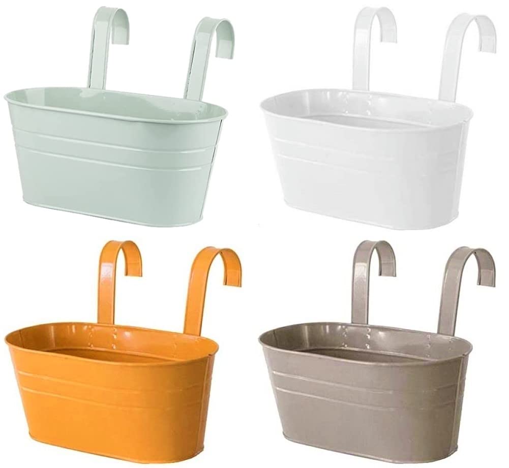 KAHEIGN 4Pcs Metal Hanging Flower Pots, 27.5cm Large Plant Pots Hanging Flower Bucket with Detachable Hook for Balcony Fence Garden Home Decor (4 Colors)