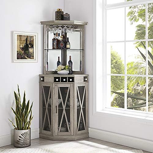 Home Source Stone Grey Corner Bar Unit with Builtin Wine Rack and