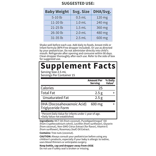 Garden of Life Baby DHA Drops, 600mg Omega 3 DHA Vegan for Baby's Brain