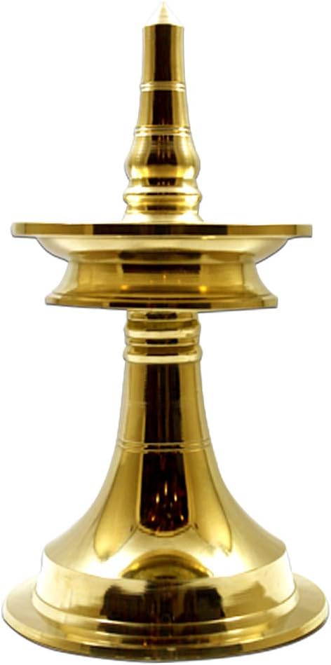 Heribay Kerala Brass Diya Oil Lamp for Pooja Nilavilakku (X-Small_8.0 Inch Height), Gold Color