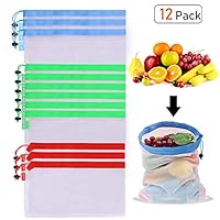 Soonis Reusable Mesh Produce bags 12 Packs with Drawstring Washable Fruit&Vegetable 50D Bending Single Side Bundle Splicing