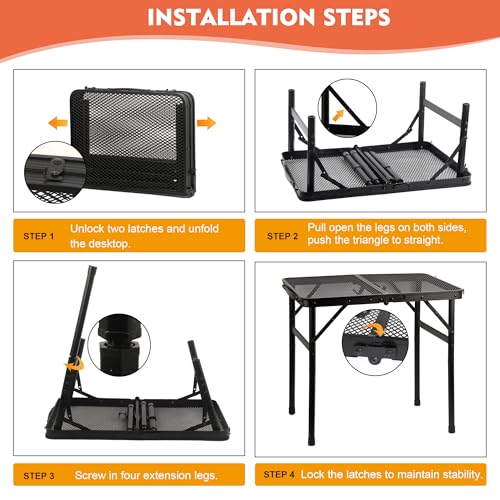 GREGIN Camping Table with Mesh Desktop, Lightweight & Portable Small Folding Grill Table, Height Adjustable Metal Outdoor Table for Camp, Cooking, BBQ, RV, Picnic-2 FT Black