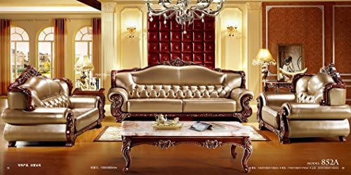 Ma Xiaoying Solid Wood Frame Carved by Hands, Leather, Traditional Collection Living Room Set (Sofa, Loveseat and Chair), Khaki by Ma Xiaoying