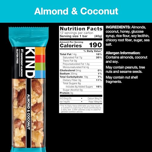KIND NUT BARS, ALMOND & COCONUT, HEALTHY SNACK BARS, GLUTEN FREE, LOW SODIUM, 3G PROTEIN, 12 COUNT