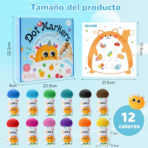 TGEXYI Dot Markers - 12 Colores Marcadores Lavables para Niños para Bingo en Edad PreescolarMarcadores de Puntos para Niños Pequeños, Arte de Puntos, Pinturas de Puntos