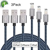 Xcords iPhone Cable 3Pack 3FT 6FT 10FT Nylon Braided 8 Pin Lightning to USB Charger Cable Compatible with iPhone 7/7 Plus/6/6 Plus/6s/6s Plus/5/5s/5c/SE/iPad(Blue/Black)