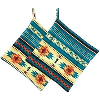 Set of 2 Teal Black Orange Southwest Square Pot Holders Hot Pads Trivets 8.5 inches x 8.5 inches