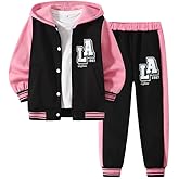 Jolyshlid Girls' Sweatsuit 2 Piece Printed Button Down Hooded Sweatshirts and Jogger SweatPants Set 3-12Y