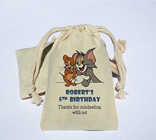 Personalized Cotton Muslin Birthday Party Favor Bag - Tom and Jerry Birthday Favor Bag - Tom and Jerry birthday gift bag - Personalized birthday favor - Tom &amp; Jerry party bag
