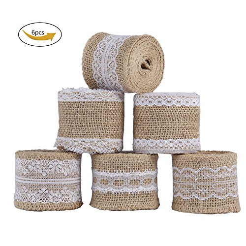 Burlap ribbon roll natural jute with white lace trims, burlap fab…
