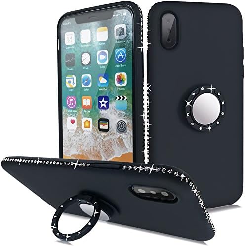 iPhone X Case with Ring,iPhone 10 Case,Qbily 360 Degree Ring Holder Grip Glitter Cute Phone Case with Kickstand Bling Diamond Rhinestone Bumper Thin Soft TPU Silicone Cover Apple iPhone X - Black