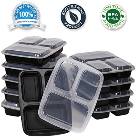 Bento Box ● Lunch box with Plate Dividers ● Premium Stackable Meal Prep Containers with Lids 3 Compartment [10 Pack] Reusable ● Microwave- Dishwasher Safe