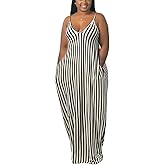 BFFBABY Womens Summer Suspender Maxi Dress Plus Size Striped Printed Sleeveless with Pockets and Belt