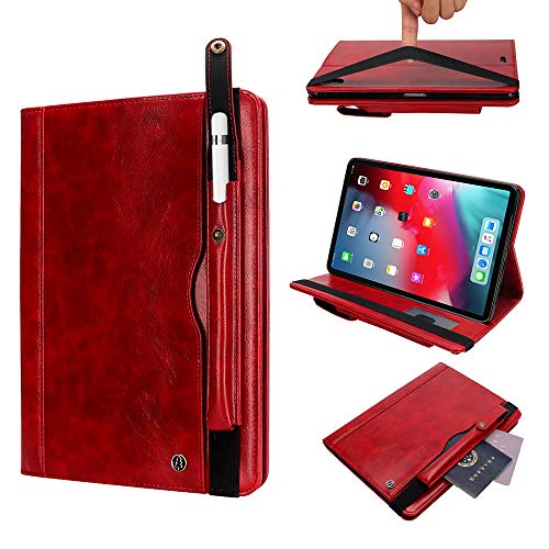 TechCode iPad Case for Pro 11, Premium PU Leather Business Folio Stand Case with Pencil Sleeve Card Slots Pocket Multiple Viewing Angles Protective Smartshell Cover for iPad Pro 11 2018 Release, Red - Thumbnail 2