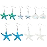 PH PandaHall 5 Pairs Starfish Dangle Earrings, 304 Stainless Steel Jewelry Earrings Boho Ocean Beach Resin Starfish Shell Earrings for Women Summer Beach Party Holiday Gift Decoration Carnival