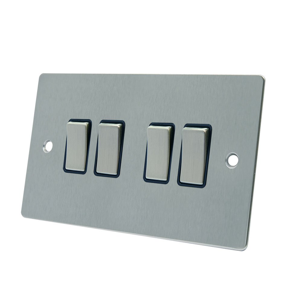 Alliance Electrical FSC4GSWIBS 10 A 4-Gang 2-Way Light Flat Quad Black Insert Metal Rocker Switches, 240 V, Satin Chrome