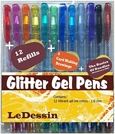 12 Glitter Gel Pens + 12 Refills + 6 card size drawings - For Coloring Books, Card Making, Scrapbooking, Drawing, Doodles